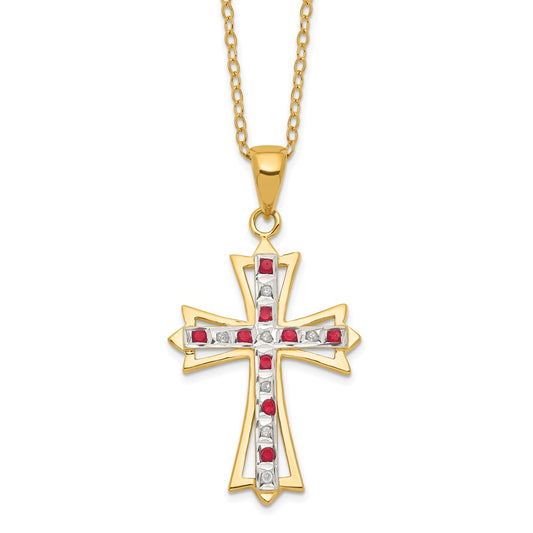 Sterling Silver 18K Gold-plated Diamond and Ruby Cross Necklace 18"