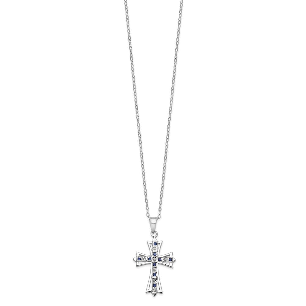 Sterling Silver Platinum-plated Diamond and Sapphire Cross Necklace 18"