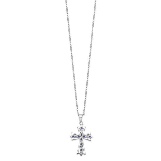 Sterling Silver Platinum-plated Diamond and Sapphire Cross Necklace 18"