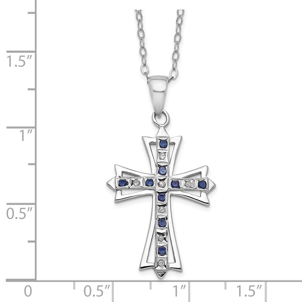 Sterling Silver Platinum-plated Diamond and Sapphire Cross Necklace 18"