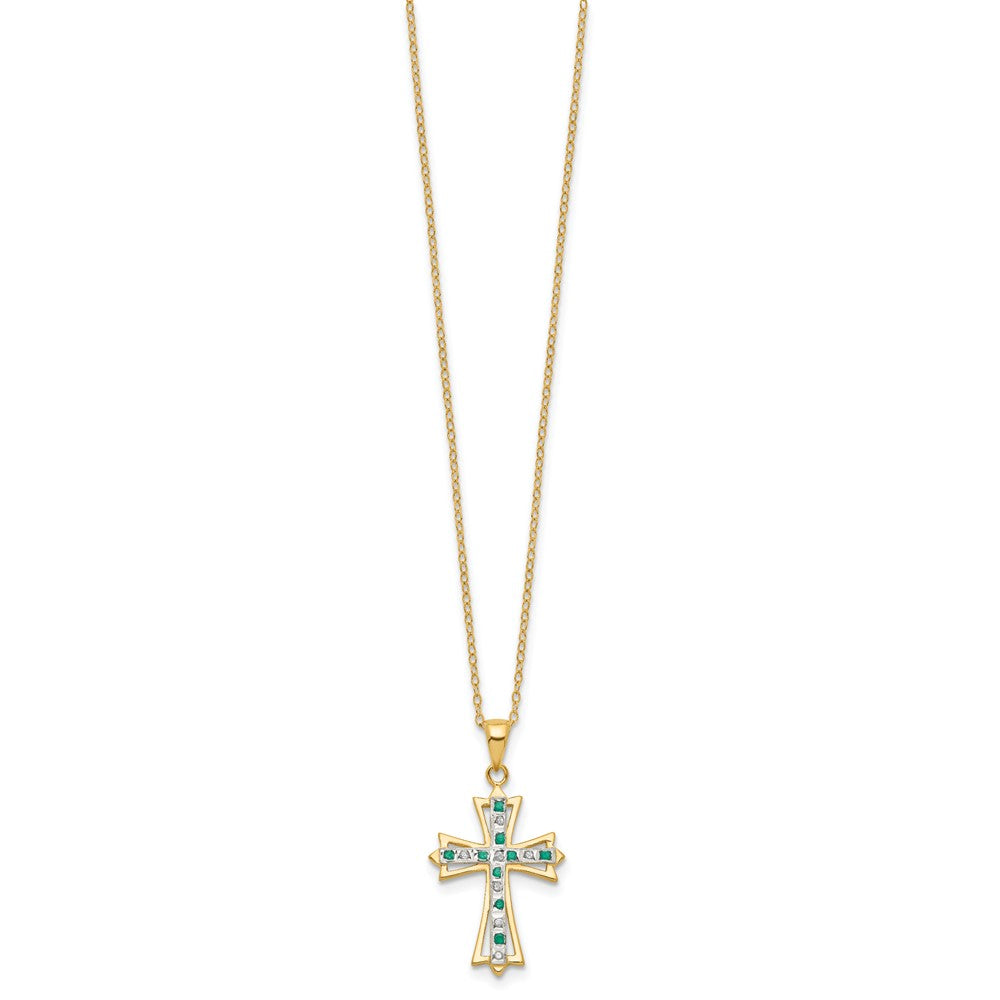 Sterling Silver 18K Gold-plated Diamond and Emerald Cross Necklace 18"