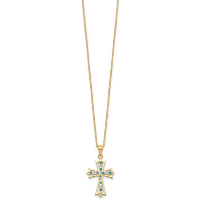 Sterling Silver 18K Gold-plated Diamond and Emerald Cross Necklace 18"