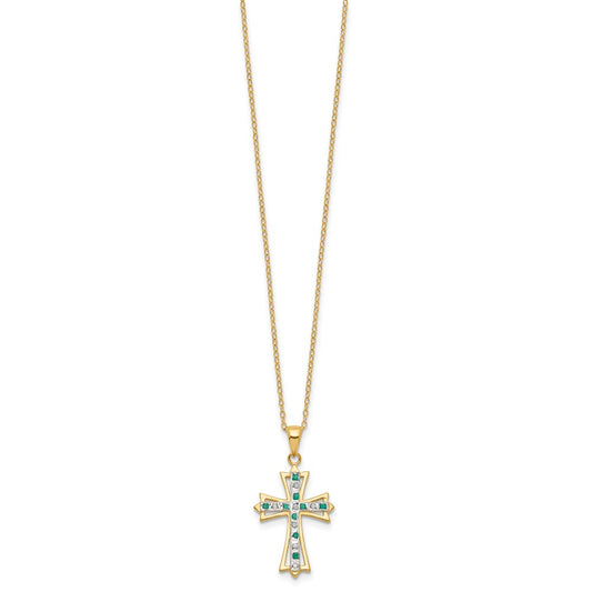 Sterling Silver 18K Gold-plated Diamond and Emerald Cross Necklace 18"