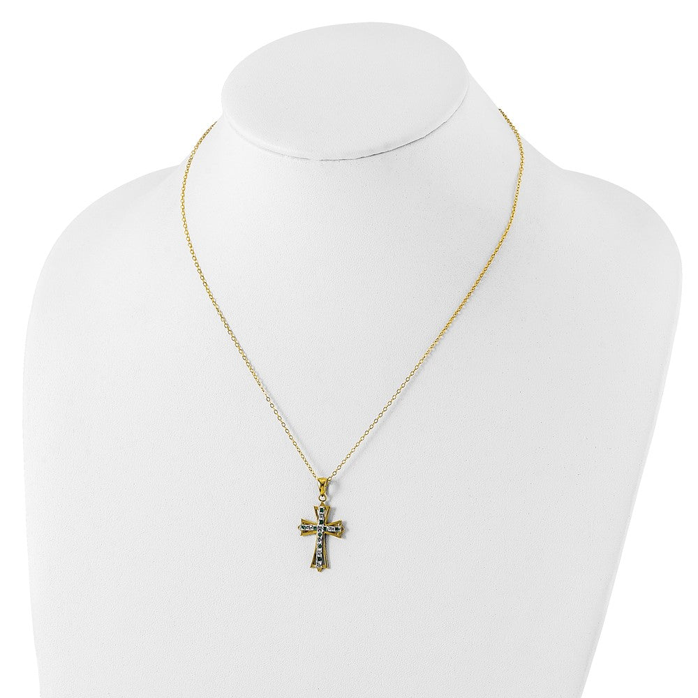 Sterling Silver 18K Gold-plated Diamond and Emerald Cross Necklace 18"