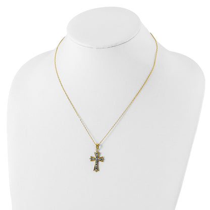 Sterling Silver 18K Gold-plated Diamond and Emerald Cross Necklace 18"