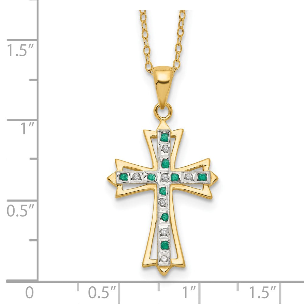 Sterling Silver 18K Gold-plated Diamond and Emerald Cross Necklace 18"