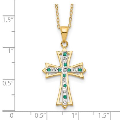 Sterling Silver 18K Gold-plated Diamond and Emerald Cross Necklace 18"