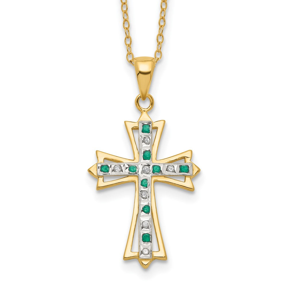 Sterling Silver 18K Gold-plated Diamond and Emerald Cross Necklace 18"