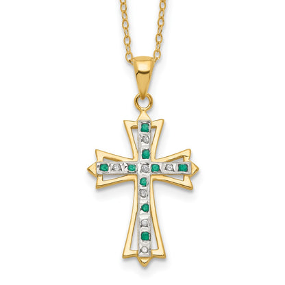 Sterling Silver 18K Gold-plated Diamond and Emerald Cross Necklace 18"
