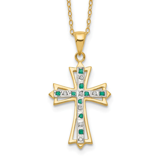 Sterling Silver 18K Gold-plated Diamond and Emerald Cross Necklace 18"