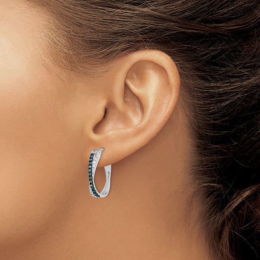 Sterling Silver Rhodium-plated White and Blue Diamond Hinged Hoop Earrings