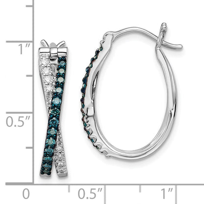 Sterling Silver Rhodium-plated White and Blue Diamond Hinged Hoop Earrings