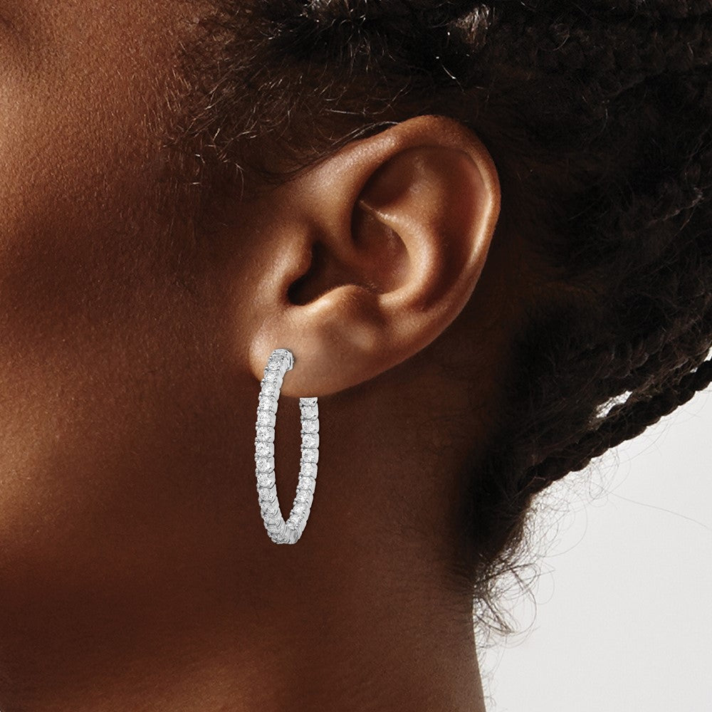 Sterling Silver Rhodium-plated 2.5mm CZ In and Out Oval Hinged Hoop Earrings
