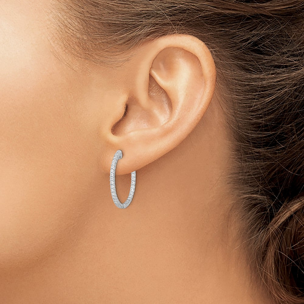 Sterling Silver Rhodium-plated 1.5mm CZ In and Out Hinged Hoop Earrings