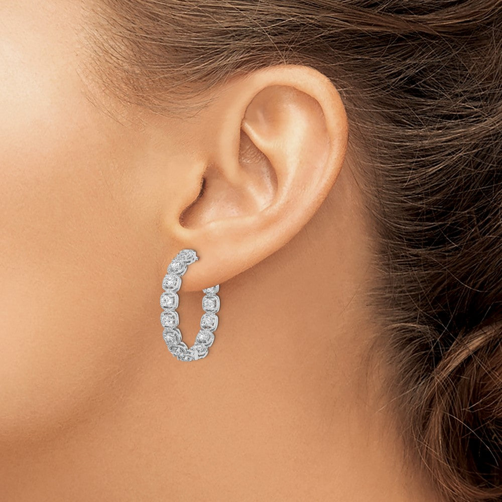 925 Sterling Silver Rhodium-plated 3mm CZ In and Out Hinged Hoop Earrings