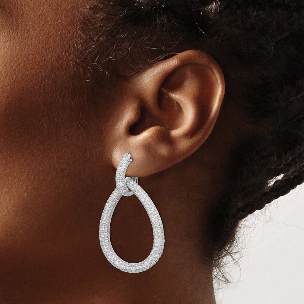 Sterling Silver Rhodium-plated CZ Hinged Teardrop Hoop Earrings