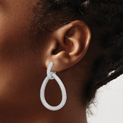Sterling Silver Rhodium-plated CZ Hinged Teardrop Hoop Earrings
