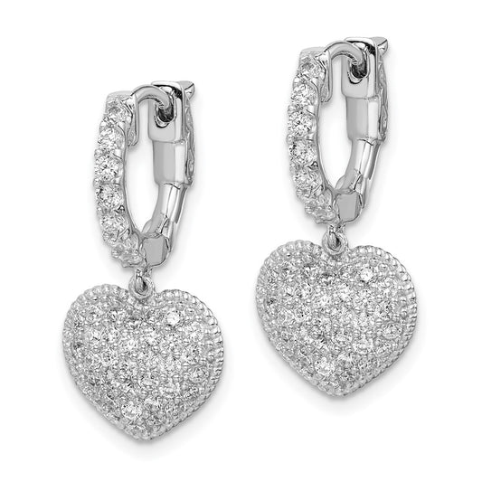 Sterling Silver Rhodium-plated CZ Heart Dangle Hinged Hoop Earrings