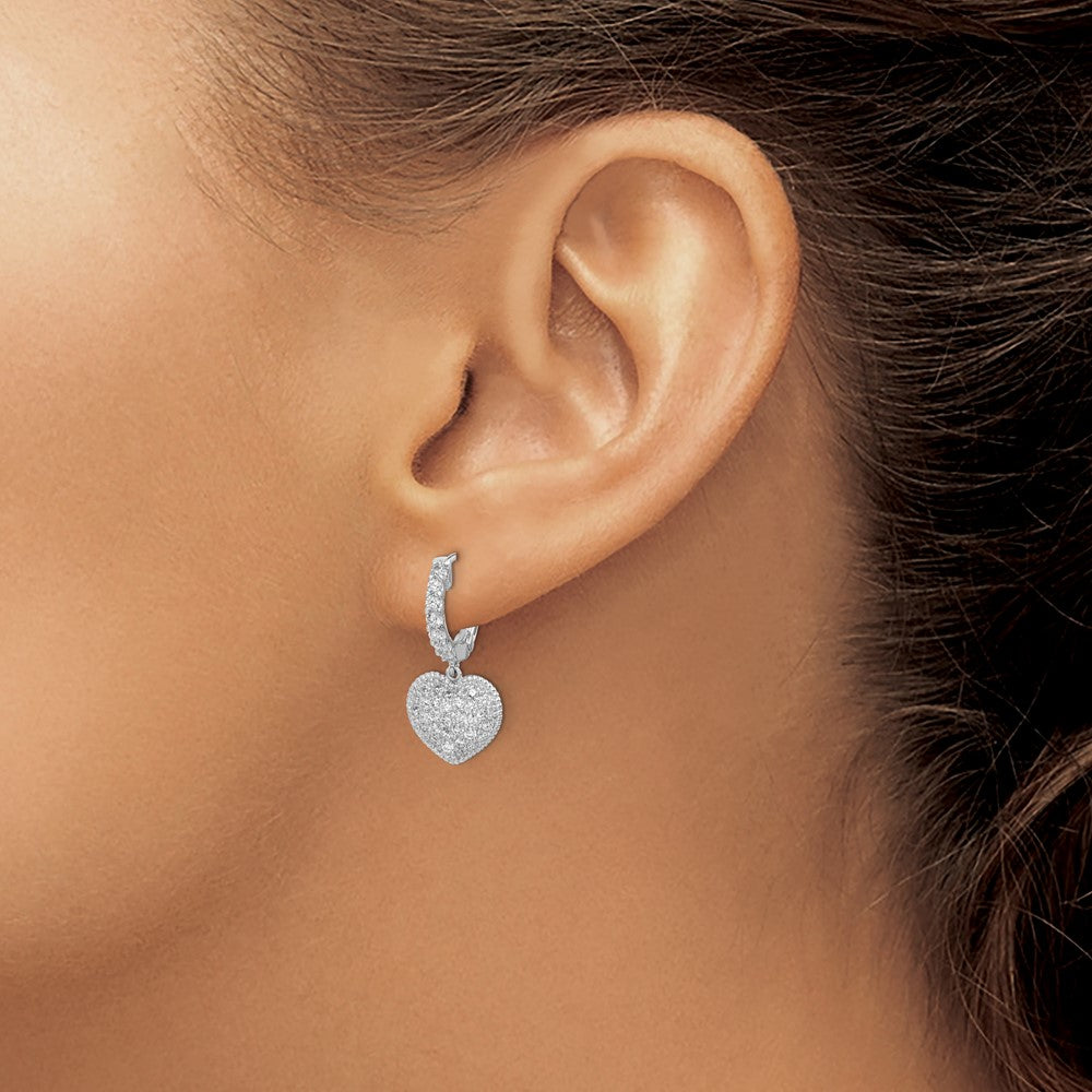 Sterling Silver Rhodium-plated CZ Heart Dangle Hinged Hoop Earrings