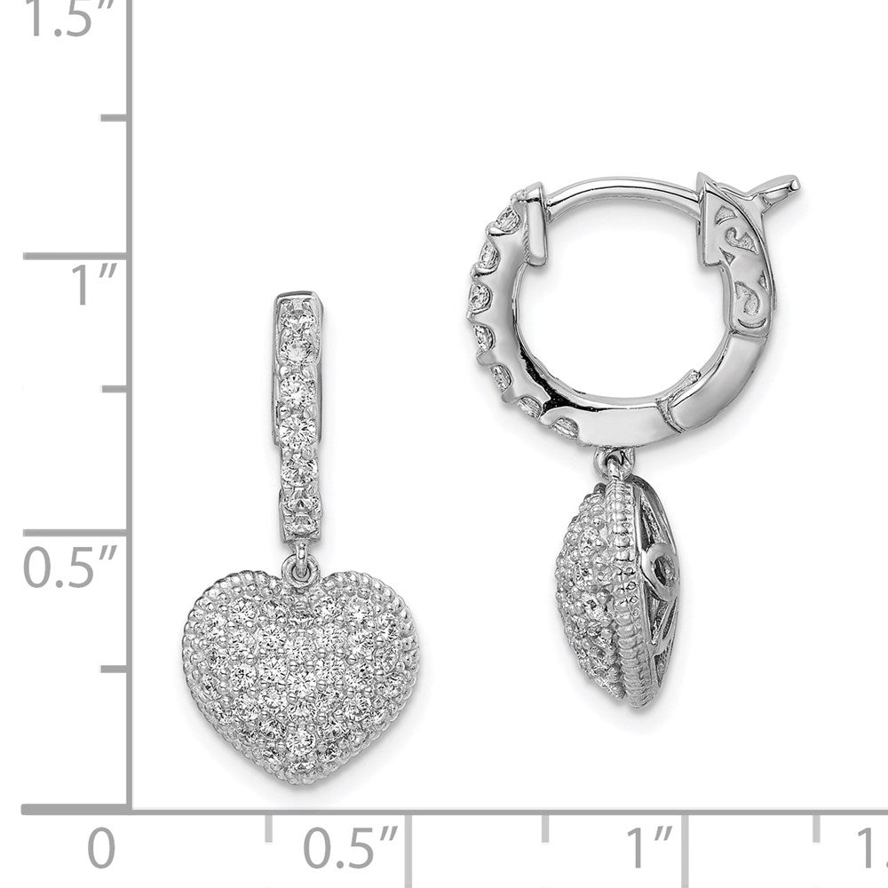 Sterling Silver Rhodium-plated CZ Heart Dangle Hinged Hoop Earrings