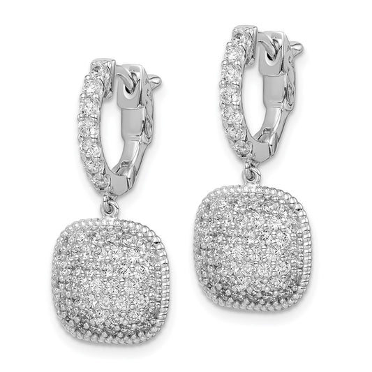 Sterling Silver Rhodium-plated CZ Square Dangle Hinged Hoop Earrings