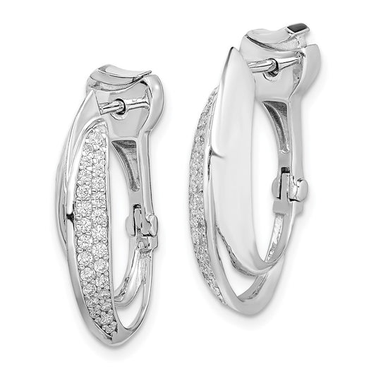 Sterling Silver Rhodium-plated CZ Double Twisted Oval Hinged Hoop Earrings