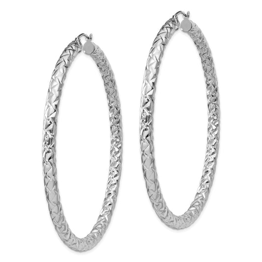 Sterling Silver Rhodium-plated Textured 4x65mm Hoop Earrings