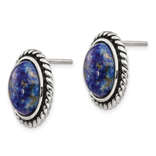 Sterling Silver Polished Antiqued Lapis Cabochon Earrings