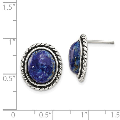 Sterling Silver Polished Antiqued Lapis Cabochon Earrings