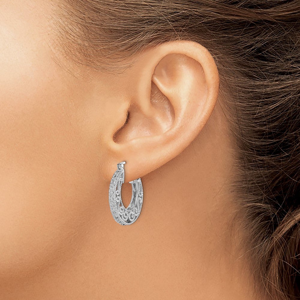 Sterling Silver Rhodium with Diamond Hinged Hoop Earrings