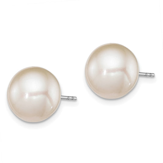 Sterling Silver Rhodium-plated 10-11mm White Round Cultured Pearl Earrings