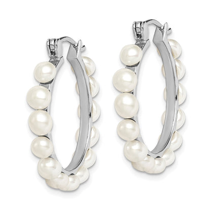 Sterling Silver Rhodium-plated 4-5mm White Button Cultured Pearl Hoop Earrings