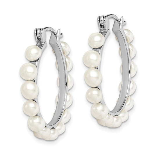 Sterling Silver Rhodium-plated 4-5mm White Button Cultured Pearl Hoop Earrings