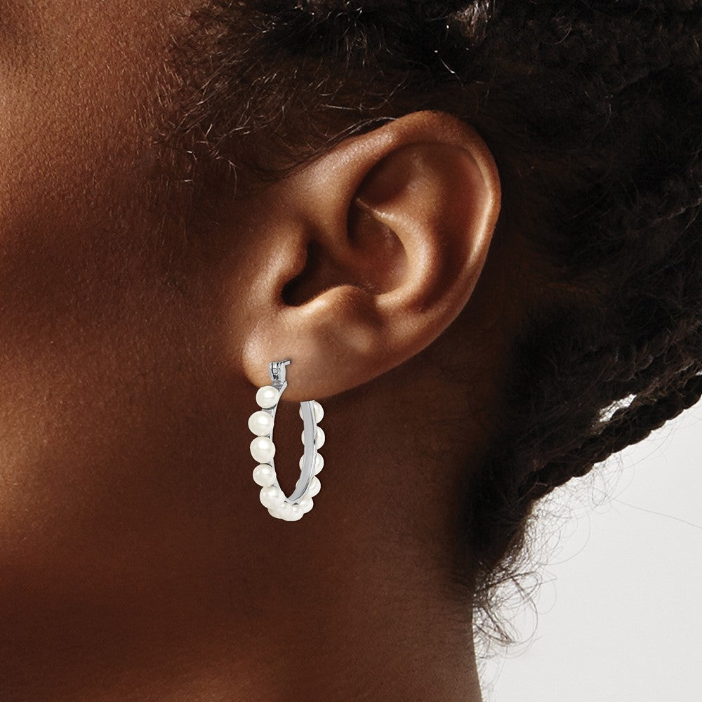 Sterling Silver Rhodium-plated 4-5mm White Button Cultured Pearl Hoop Earrings