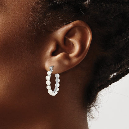 Sterling Silver Rhodium-plated 4-5mm White Button Cultured Pearl Hoop Earrings