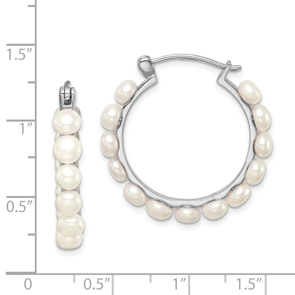 Sterling Silver Rhodium-plated 4-5mm White Button Cultured Pearl Hoop Earrings
