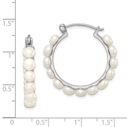 Sterling Silver Rhodium-plated 4-5mm White Button Cultured Pearl Hoop Earrings