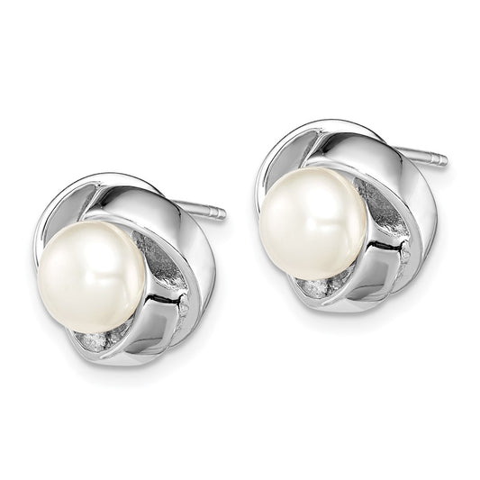 Sterling Silver Rhodium-plated 6-7mm White Button Cultured Pearl Knot Earrings