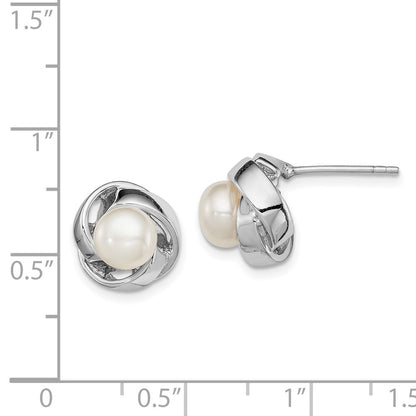 Sterling Silver Rhodium-plated 6-7mm White Button Cultured Pearl Knot Earrings