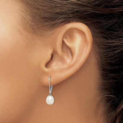 Sterling Silver 7-8mm White Teardrop Freshwater Cultured Pearl Lever back Dangle Earrings