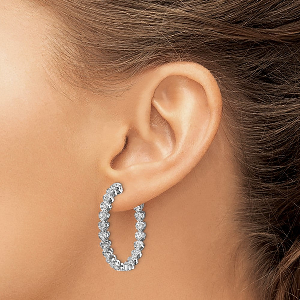 Sterling Silver Rhodium-plated Heart Shaped 1.2mm CZ In and Out Hinged Hoop Earrings