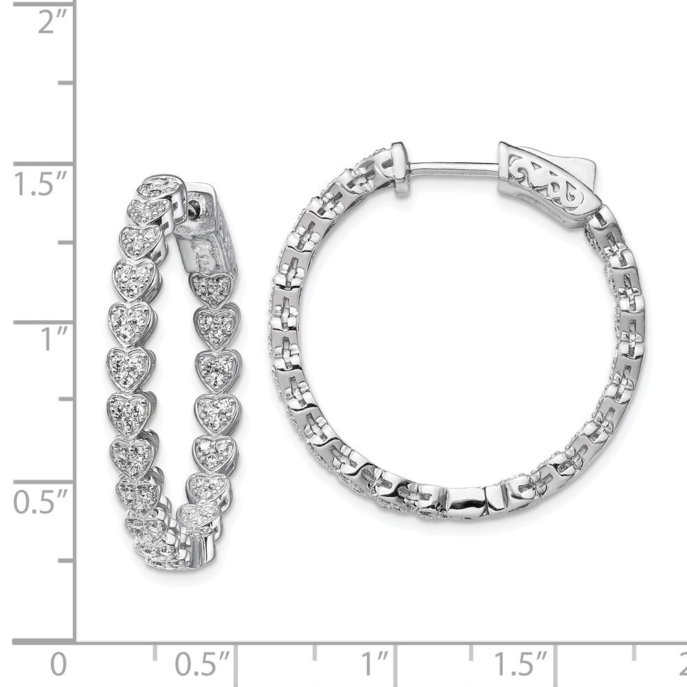Sterling Silver Rhodium-plated Heart Shaped 1.2mm CZ In and Out Hinged Hoop Earrings