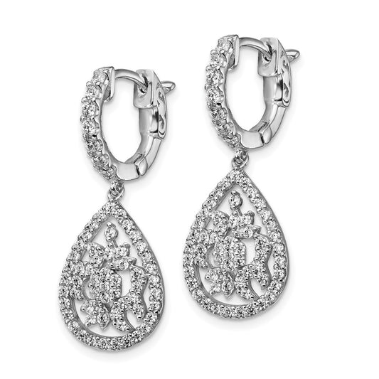 Sterling Silver Rhodium-plated CZ Teardrop Dangle Hinged Hoop Earrings