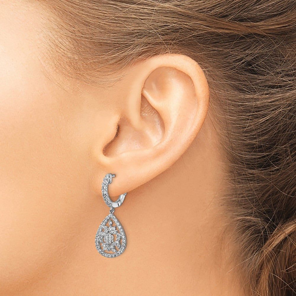 Sterling Silver Rhodium-plated CZ Teardrop Dangle Hinged Hoop Earrings