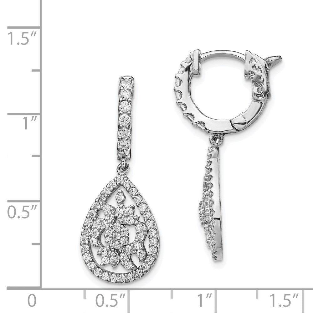 Sterling Silver Rhodium-plated CZ Teardrop Dangle Hinged Hoop Earrings
