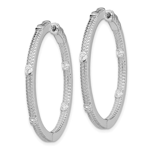 925 Sterling Silver Rhod-plated CZ In Out Hinged Hoop Earrings