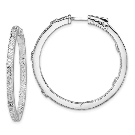 925 Sterling Silver Rhod-plated CZ In Out Hinged Hoop Earrings