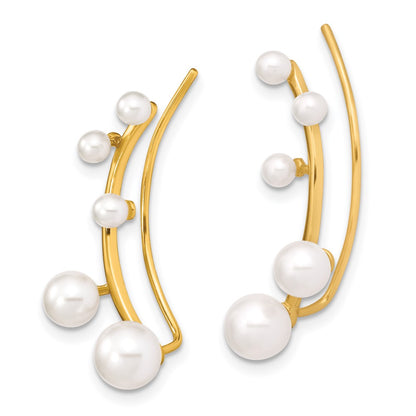 Sterling Silver Gold-tone Flash Gold-plated 3-6mm White Round Cultured Pearl Ear Climber Earrings
