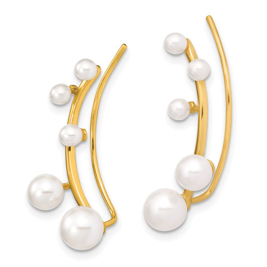 Sterling Silver Gold-tone Flash Gold-plated 3-6mm White Round Cultured Pearl Ear Climber Earrings