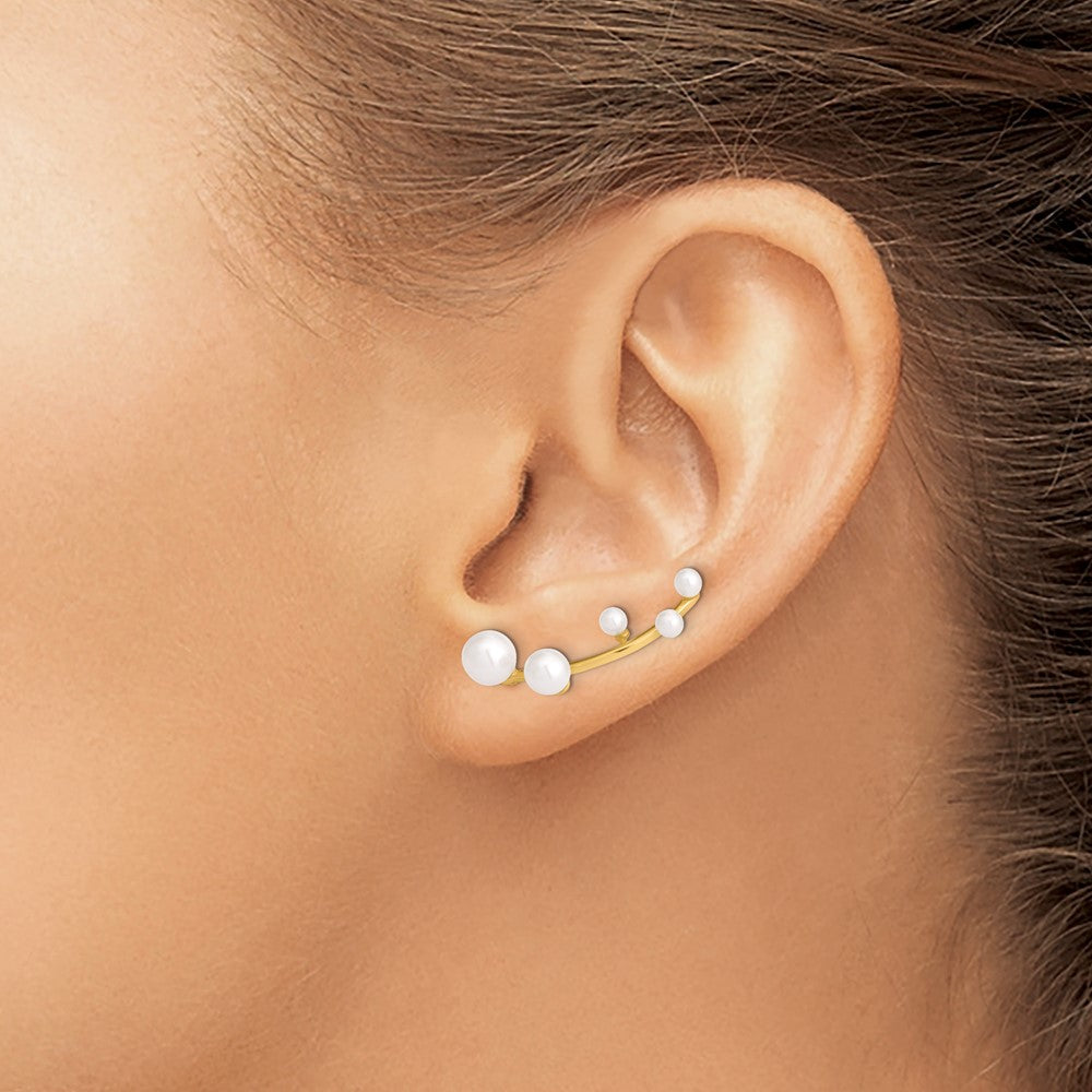 Sterling Silver Gold-tone Flash Gold-plated 3-6mm White Round Cultured Pearl Ear Climber Earrings